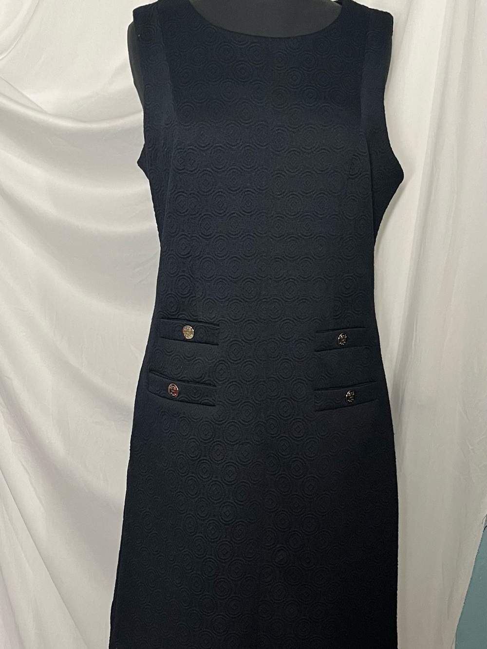 Tommy Hilfiger Navy Textured Sleeveless Shift Dress with Button Accents